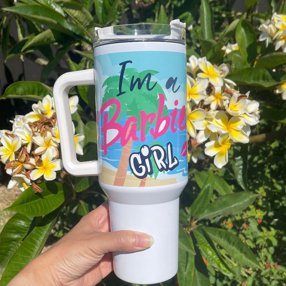 Barbie Girl LETS GO PARTY Movie Pink Tumbler 40 oz tumbler with hand carry handl - Picture 2 of 6